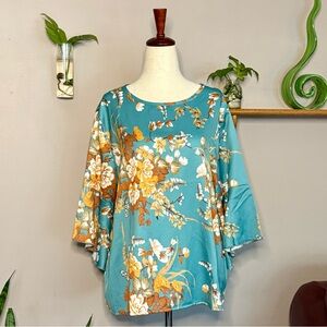 Turquoise Blouse with Orange and Burnt Amber Floral Pattern Women's Size XL
